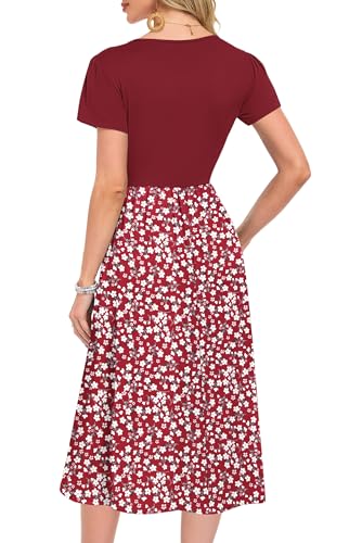 MOLERANI Damen Sommerkleider Knielang Rundhals Blumenmuster Freizeitkleid Elegant Kleider Loose Swing Damenkleid Casual Midikleid mit Taschen Rote Blume XL 4