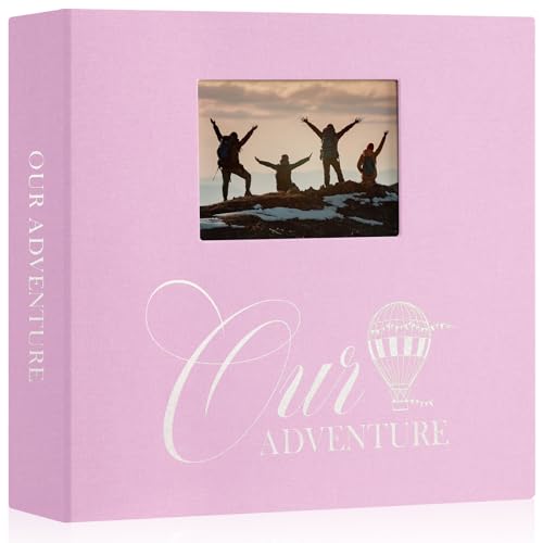 Lanpn Photo Album Scrapbook 12x12 OUR ADVENTURE Linen Cover Window Balloon Design Top Load 3 Ring Folder Binder Travel Photobook Photo Book 12 x 12 inch with 30 Plastic Sleeves 60 Pages Pink