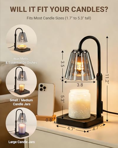 Fubink Candle Warmer Lamp with Timer & Dimmer, Shatterproof PC Shade, Adjustable Height for Jar Candles up to 5.3\" Tall, Modern Black Electric Wax Melt Warmer for Bedroom Dorm Office, Gift, 2 Bulbs