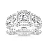 Jeulia Luxury Princess Cut Engagement Ring Set Sterling Silver Openwork Double Halo Rings for Women Bridal Cubic Zirconia Simulated Diamond Stacking Wedding Band for Her Ladies Ring (Radiant,X-½)