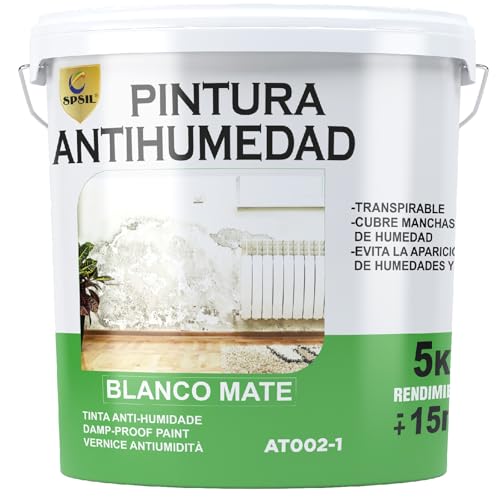 SPSIL Pintura Antihumedad Blanco Mate - Elimina y Previene Humedades y Moho - Para Paredes, Techos, Baños, Cocinas - Transpirable, Secado Rápido (5 Kg)