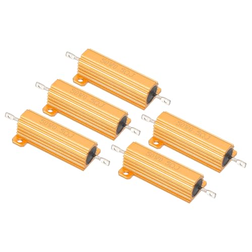 PATIKIL 50W 0.5 Ohm Aluminum Shell Resistor, 5 Pack Aluminum Housing Resistor Housed Case Wirewound Resistors Screw Tap Power Resistor 5% Tolerance, Golden