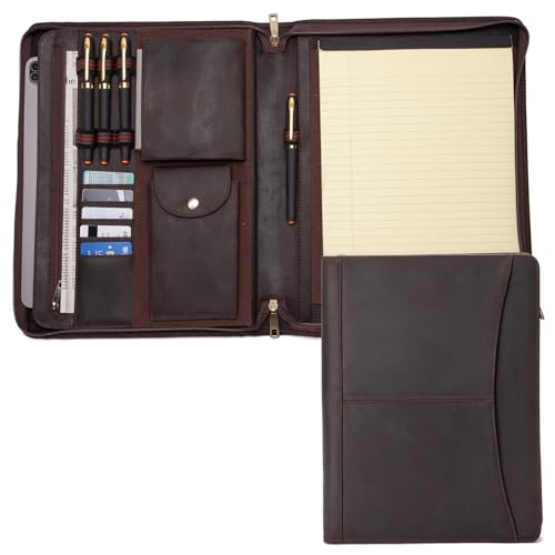 Geslun Genuine Leather Portfolio with Front Pocket for Men and Women Zippered Padfolio Binder 8.5 x 11 Legal Pad Notebook Holder Fits 13 Laptop Professional Work File Case Dark Brown
