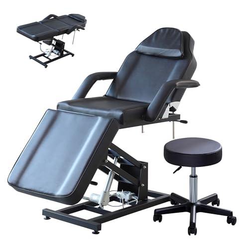 LSLIFE Electric Massage Table Beauty Bed with Stool Swivel Massage Chair with Head Cushion 3 Section Adjustable Beauty Bed Professional Tattoo SPA Salon Chair (Black)