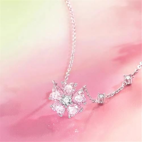 Dainty Pink Peach Blossom CZ Flower Choker Necklace for Women Cute Sterling Silver Plated Crystal Heart Shaped Floral Charm Pendant Trendy Adjustable Chain Necklaces Fashion Jewelry Gifts 17"2