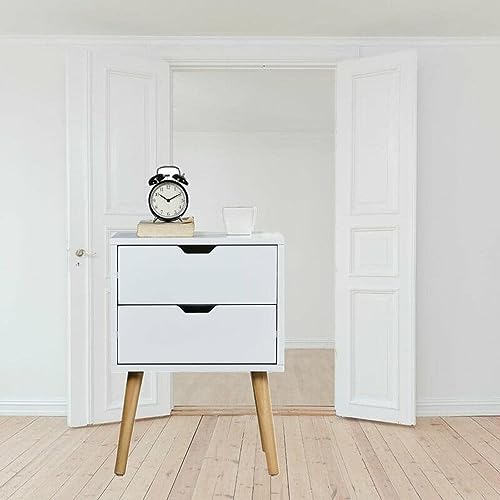 Image of Storage Nightstand Mid-Century Modern Bedside Table with Solid 4 Wood Legs Minimalist and Practical End Side Table- 2 Drawer-White