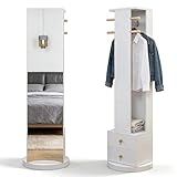 Julyue Espejo giratorio de cuerpo entero con perchero, función giratoria de 360°, con 2 cajones, estantes y ganchos, 160 x 45 cm, cristal de seguridad transparente, para dormitorio y salón, color