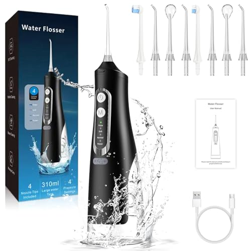 Yeerain Munddusche Zahndusche mit 4 Modi & 8 Düsen, 310ML Water Flosser Kabellose Zahnreinigung, IPX7 Wasserdicht & USB Wiederaufladbar, Tragbare Mundduschen Waterflosser für Reisen & Hause