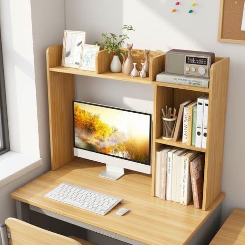 Image of Tangkula Desktop Bookshelf, Countertop Storage Hutch with Shelves for Computer Desk, Desk 3-Tier Display Rack, Multipurpose Wood Desktop Hutch Storage Organizer for Dorm Office