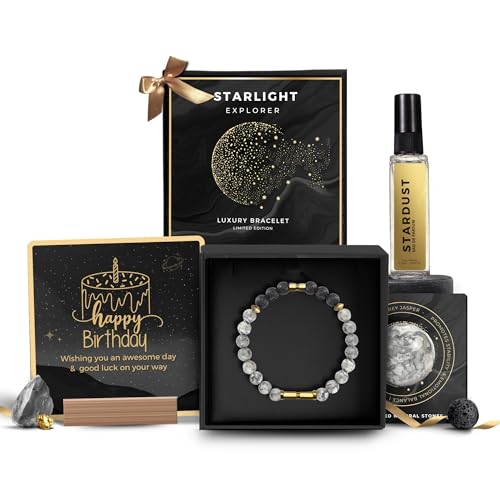 Image of 5 Senses Co. Luxury Starlight Bracelet Gift Set Combo for Men | Gift for Father, Brother, Boyfriend, Friend, Birthday | Certified Natural Stone Crystals Bracelet with Metallic Inserts & Long Lasting Luxurious Stardust Perfume | Birthday Card