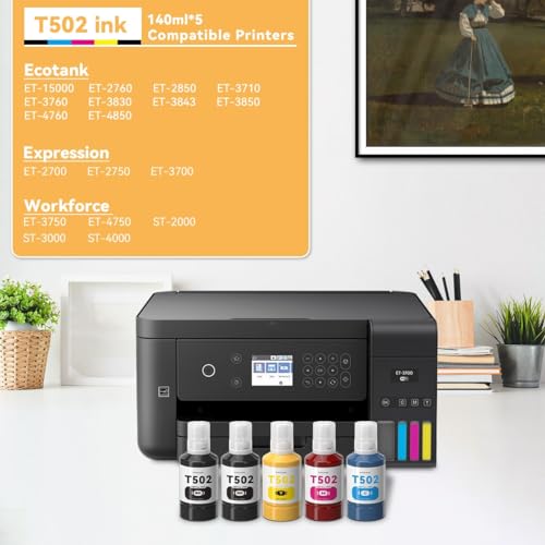 502 Ink Refill Bottles, Compatible Refill Ink Replacement for EPSON Ecotank ET-2760 ET-2850 ET-3760 ET-4760 ET-15000 ET-3850 ET-2750 etc. Eco Tank Printers, T502 EcoTank Printer Ink Refills - Thumbnail 2