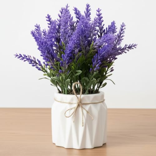 Image of Dekorly Artificial Lavender Plant in White Pot, 18cm - Realistic Faux Flower Arrangement for Home & Office Decor (Set of 1) (1, White Color Pot)