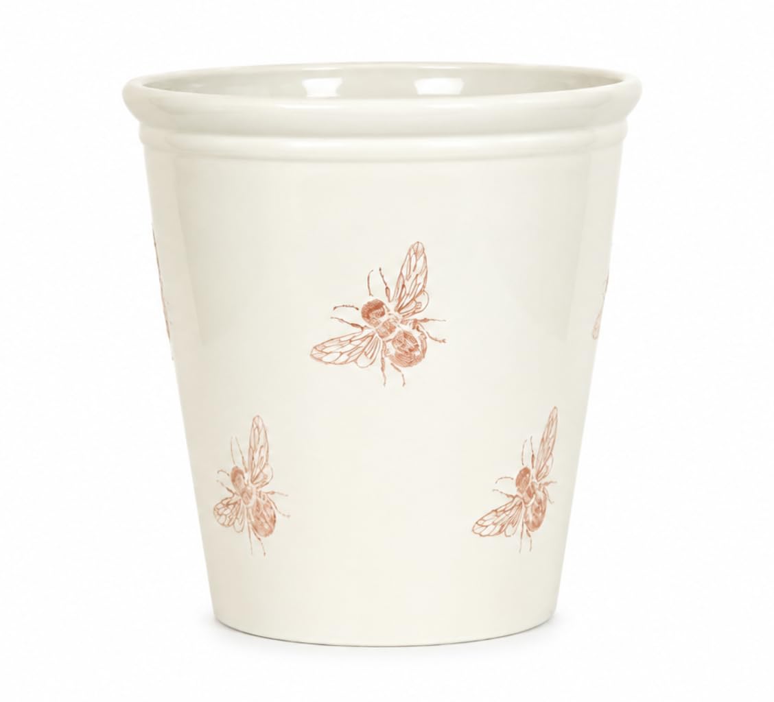 34 Litre Decorative Meadow Bee and Butterfly Plant Pots for Indoor & Outdoor Use, Lightweight 100% Recycled Plastic Flower Planters, Frost Proof, UV Resistant, Ceramic-Look Finish, Off White, Bee