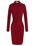 Eigenschaften: Revers V-Ausschnitt, Langarm, Dehnbar, Figurbetonte Kleid,Gerafftes Vorderseite Etuikleid, Einfarbig, Über Knielänge, Lässiger Modestil