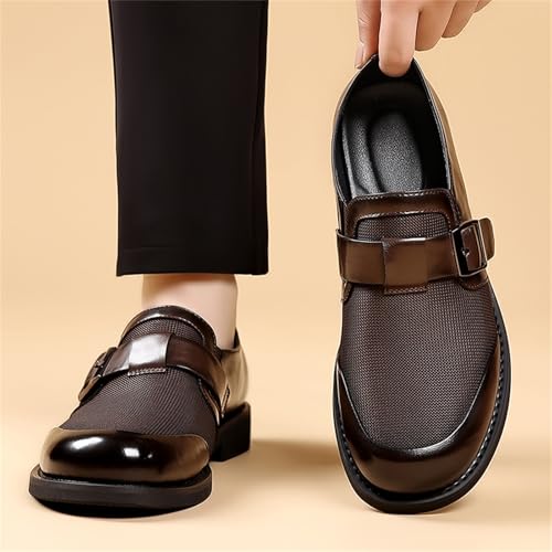 Men's Breathable Mesh Polished Leather Slip On Loafers with Monk Buckle Lightweight Non Slip Round Toe Business Formal Casual Soft Shoes for Office Weddings Parties Urban Gentleman Style4