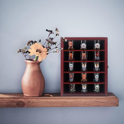 Image of FramePro 11x14 Display Case with Adjustable Shelves Cherry, 4-Tier Memory Shadow Box for Wall, Deep Wooden Keepsake Display Shelf with Locking Door for Memorabilia, Photos, Medals, Wedding, Home Decor