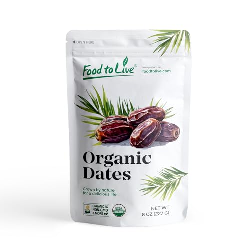 Food to Live Organic Medjool Dates, 8 Ounces – Non-GMO, Whole Dried Dated with Pits, Large Size, Unsweetened, Unsulphured, Vegan, Sirtfood, Bulk. Good Source of Potassium, Magnesium, and Dietary Fiber
