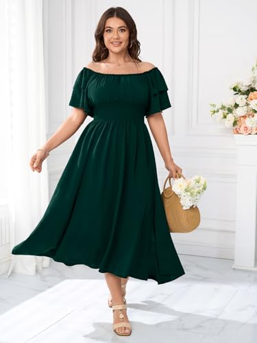 Image of Plus Size Maxi Dress Off The Shoulder Ruffle Smocked Wedding Guest Cocktail Slit Hem Flowy Dresses for Curvy Women