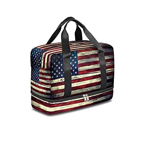 American Flag Sports Gym Bag with Shoes Compartment,Vintage USA Flag 4Th Of July Travel Duffel Bag for Men Women Boys Girls Teens Overnight Weekend Yoga Workout Bag Training Handbag