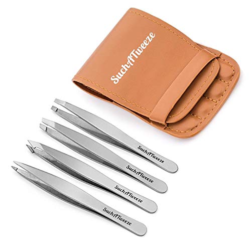 SuchATweeze Stainless Steel Slant Tweezer - Well Designed Protected Tip - Precision Plucker for Men and Women - Perfect for Ingrown and Facial hairs - 5.12 x 1.97 x 0.59(Set of 4)