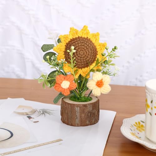 Weldomcor 3Pcs Crochet Flowers, Handmade Crochet Sunflower Set Cute Stuff Emotional Support Gift Funny Dashboard Accessories Desk Decor Get Well Soon Thank You Gifts for Women