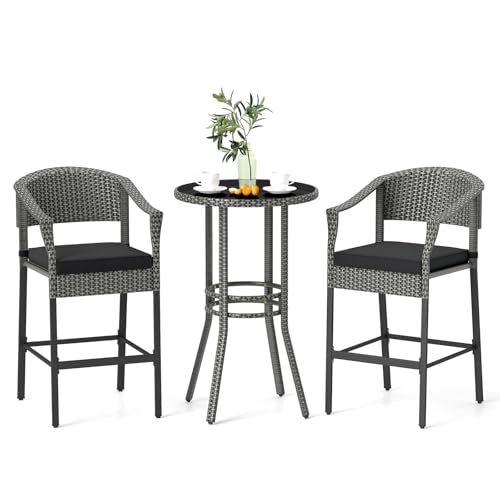 Tangkula 3-Piece Patio Rattan Bar Set, Wicker Bar Height Armchairs & Round Table w/Tempered Glass Top, Cushioned High Top Bistro Furniture with Footrest, for Backyard, Poolside, Porch (Mix Gray)