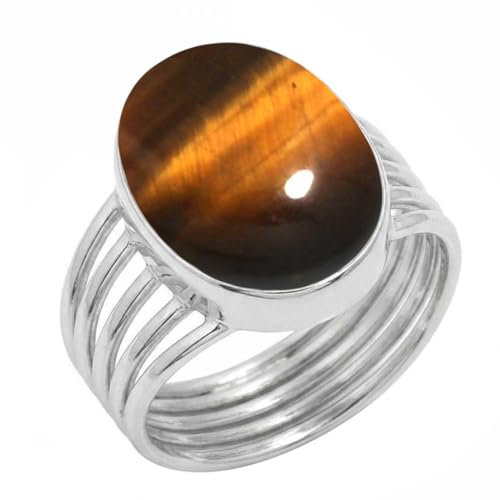 Jeweloporium Œil de Tigre Marron Bague Plaqué Argent Taille 70, Bague en Argent .925 pour Femme, Bijoux Faits à la Main avec Pierre Précieuse Ovale...