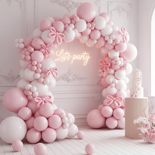 Image of RUBFAC White and Pink Balloons 129pcs Different Sizes Pack of 18 12 10 5 Inch, Latex Baby Pastel Pink Balloon Garland Arch Kit for Birthday Party Wedding Anniversary Baby Shower Gender Reveal