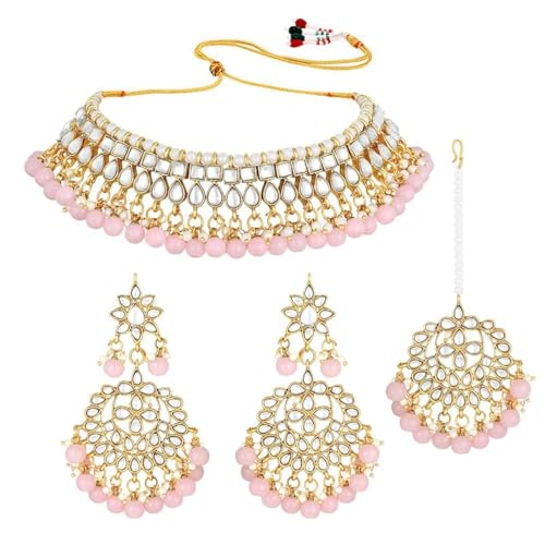Aheli Beaded Necklace Earrings Maang Tikka Indian Bollywood Ethnic Jewelry Set for Women