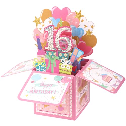 Happy 16th Birthday Pop-Up Card Shiny 3D Pop up with Envelope & Greeting Creative Boxed Birthday Sweet Cards Best 16 Year Old Girl Daughter Granddaughter Gift Decoration from Mom Dad