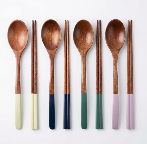 Handmade Wooden Cutlery Set by Diulazin - 4PCS Reusable Spoon and Chopsticks, High-Grade for Daily Use, Parties, Banquets, Buffets, Catering - Eco-Friendly, 9 Inch (Style B)