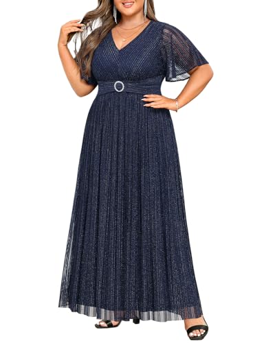 Pinup Fashion Women Plus Size Formal Dresses - Evening Gowns Long Sleeve Wedding Guest Glitter Prom Long Dress