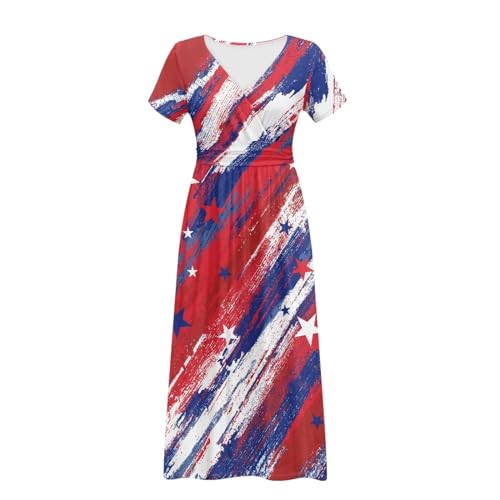 Image of Women's Fall Summer Short Sleeve Ankle Length V-Neck Party Dress with Pockets Size S-3XL