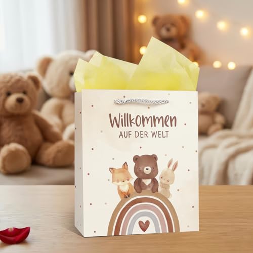 COMOOKA Geschenktüte Geschenke zur Geburt 25x21x10cm XL Geschenk Willkommen auf der Welt Baby für Junge Mädchen Geschenktasche mit Henkel Babyparty Neutral Baby Shower Papiertüten mit Griff