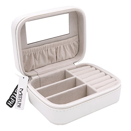 MISYLPH PU Leather Jewelry Box for Ring&Earrings Necklaces, with Mirror&Zipper, Small-Size, Portable (Small, white)