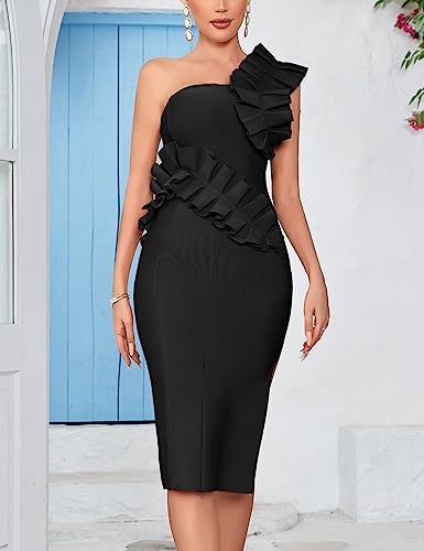 Image of houstil Women's One Shoulder Wedding Guest Dress Side Split Bandage Bodycon Midi Cocktail Club Dresses