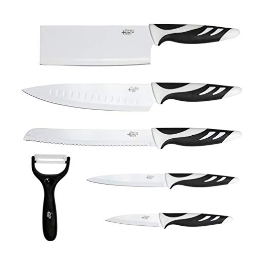 Cecotec Conjunto de facas Swiss Chef. Folha de 2,5 mm de espessura, aderência com insertos de silicone, revestimento antiaderente cerâmico, branco e preto, apresentado em estojo