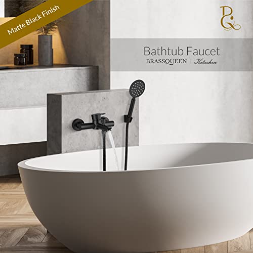 Brassqueen Matte Black Bathroom Tub Faucet Single Lever Handle Dual Functions Wall Mount Stainless Steel Diverter Switches Bathtub Shower Faucet With Handheld Sprayer Bath Shower Mixer Tap #TOP1