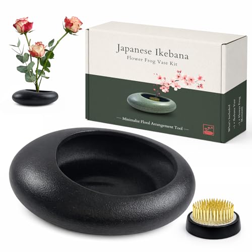Japanese Flower Frog Vase Set Black Ceramic