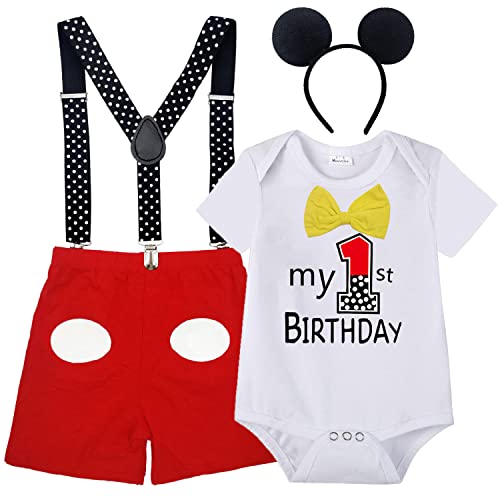 Baby Boys Mouse Costume Outfit 1st Birthday Cosplay Bowtie Bodysuit Suspenders Shorts Pants One year Old Cake Smash Tuxedo 9-12 Months White