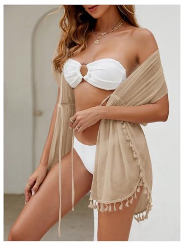 MakeMeChic Women's Tassel Trim Mesh Sheer Kimonos Deep V Neck Short Sleeve Swimsuit Cover Up4