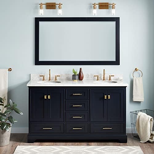 Signature Hardware 483467 Quen 60" Free Standing Double Basin Vanity Set with Cabinet, Vanity Top, and Undermount Sink - 3 Faucet Holes - Midnight Navy Blue/Carrara Marble