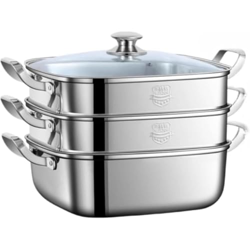 角型蒸し器 焦げ付き防止設計 マルチレイヤー食品 透明ガラス蓋付き観察窓Dearolling 焦げ付き角型 透明ガラス蓋付き マルチレイヤー お手入れ簡単 キッチン必須アイテム (3段) (3層,A)