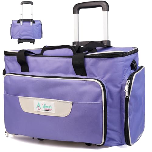 Athena's Rolling Sewing Machine Case with 4 Wheels, Sewing Machine Carrying Case, Black with Purple Trim, Detachable Rolling Dolly, Multiple Storage Compartments, Standard Size (Mist Purple)