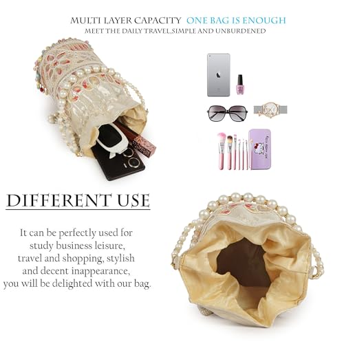 Image of Nevis Silk Fabric Embroidered Potli Bag with Pearl Beaded Handle | Designe Ethnic Drawstring Clutch for Wedding, Festive