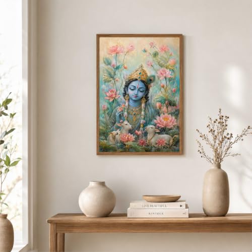 Image of Livin'luxe Lord Krishna Lotus Cow Wall Painting for Living Room Bedroom Kids Room Decor, Devotional Artwork with Sparkle Laminate and Premium Wooden Synthetic Frame (13.5 x 19.5 Inch) NM01-4115