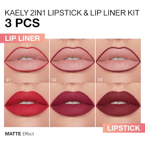 Image of Kaely 3Pcs Gradient Matte Lipstick Lip Liner Pencil Set for Women, 2in1 Flawless Contour Gradual Ombre Effect Lip Pencil Makeup Waterproof, labiales mate 24 horas originales, 01+02+03