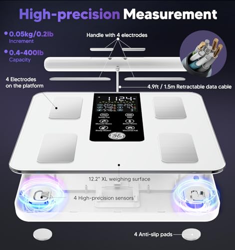Image of GE Smart Scale for Body Weight: Full Body Composition Analyzer, 50+ Metrics | 8-Electrode Digital Bathroom Scale for Body Weight Fat BMI Muscle Mass Bluetooth, Accurate Weighing Machine 400lb