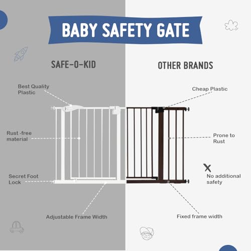Image of Safe-O-Kid Adjustable 1-Year Warranty Baby & Dog Safety Gate (75-85 cm) Durable Metal Child Gate with 2-Way Auto-Close, Secret Lock, No Drill Required (Brown)