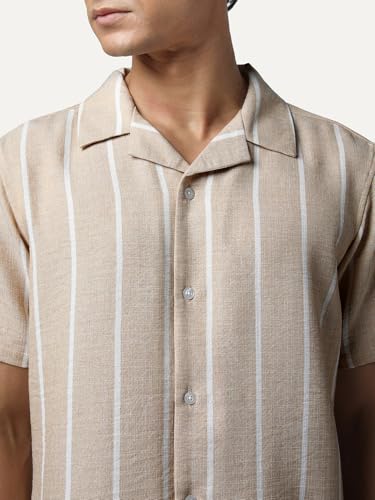 Image of Urbano Fashion Men's Cotton Half Sleeve Relaxed Fit Linen Striped Shirt with Cuban Collar
